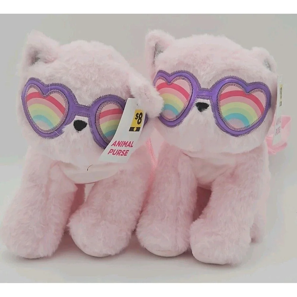 Cat Purse Zip Totes Pink Rainbow Heart Glasses Animal Plush Bag with Strap Set 2